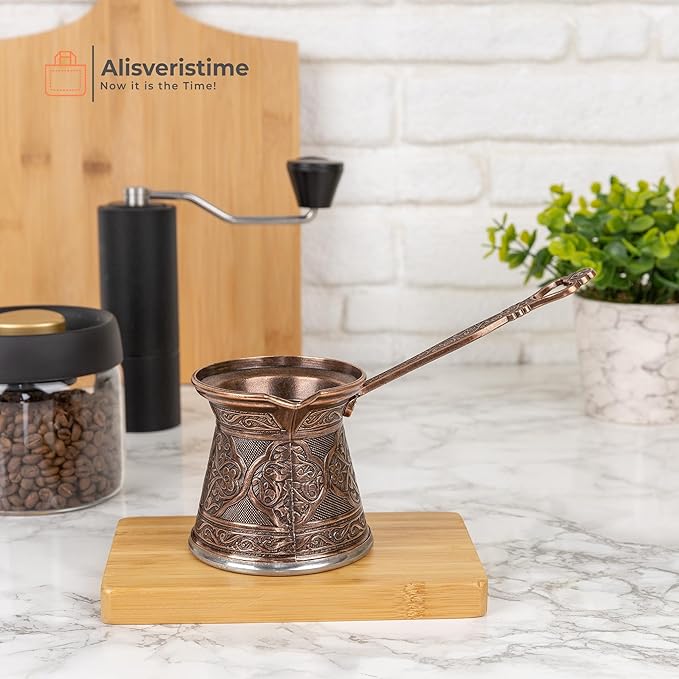Alisveristime Authentic Turkish Coffee Pot, Handmade Cezve/Ibrik, 3.14-Inch Width, 3.14-Inch Height - 13.52 Ounce Enhance Your Coffee Experience Now! (4 Cup) (Antique Brown)