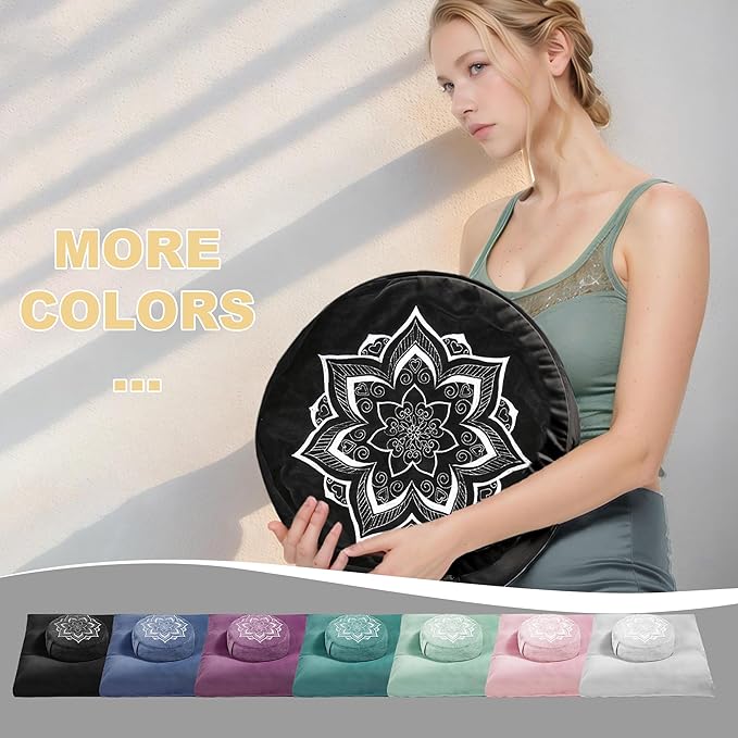 Meditation Zafu Cushion Set with Buckwheat Hulls & Memory Foam - Ergonomic Support for Yoga & Sitting - Removable Machine-Washable Luxury Velvet Cover - for Adults and Kids (Black(COVER ONLY))