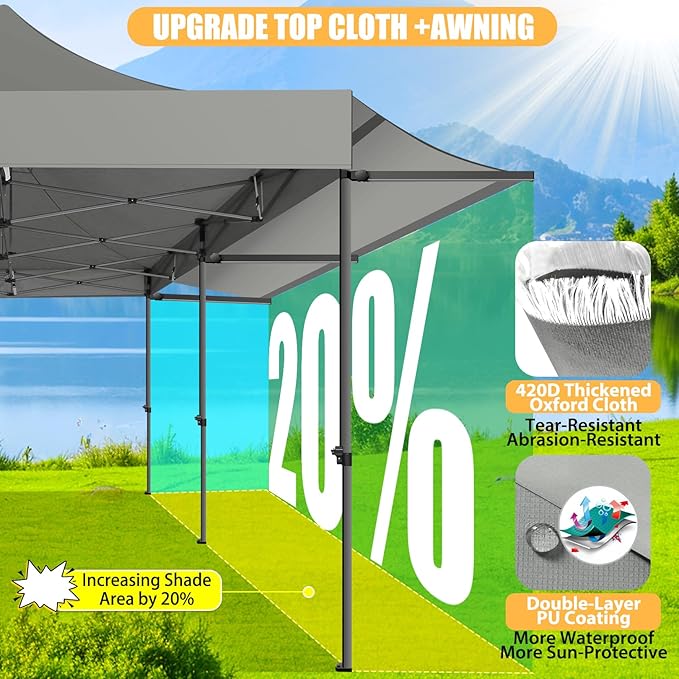 COBIZI 10x20 Pop Up Canopy Tent with Awning,Heavy Duty Canopy UPF 50+ All Season Wind Waterproof Commercial Outdoor Street Vendors Party Tents for Parties Canopy with Roller Bag(10 x 20 ft Gray)