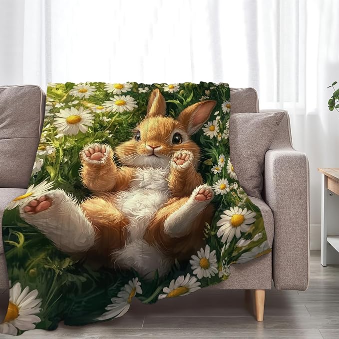 Cute Rabbit Blanket Bunny Hare Throw Blankets Daisy Gifts for Girls Boys Kids Rabbit Lover Soft Cozy Fleece Plush for Couch Sofa Bed 80"x60"
