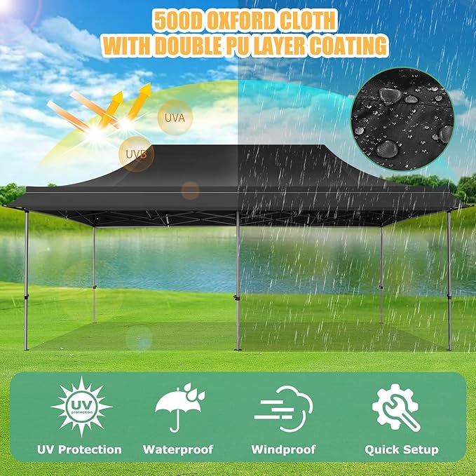 COBIZI 10x20 Pop Up Canopy Tent with Awning,Heavy Duty Canopy UPF 50+ All Season Wind Waterproof Commercial Outdoor Street Vendors Party Tents for Parties Canopy with Roller Bag(10 x 20 ft Black)