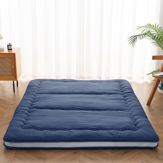 Japanese Floor Futon Mattress Twin Size, 4" Thicken Foldable Mattress Tatami Mat Sleeping Pad, 32D Foam Filled Traditional Shiki Futon (shikibuton), Designed in Japan (Navy Blue 39"x 80")