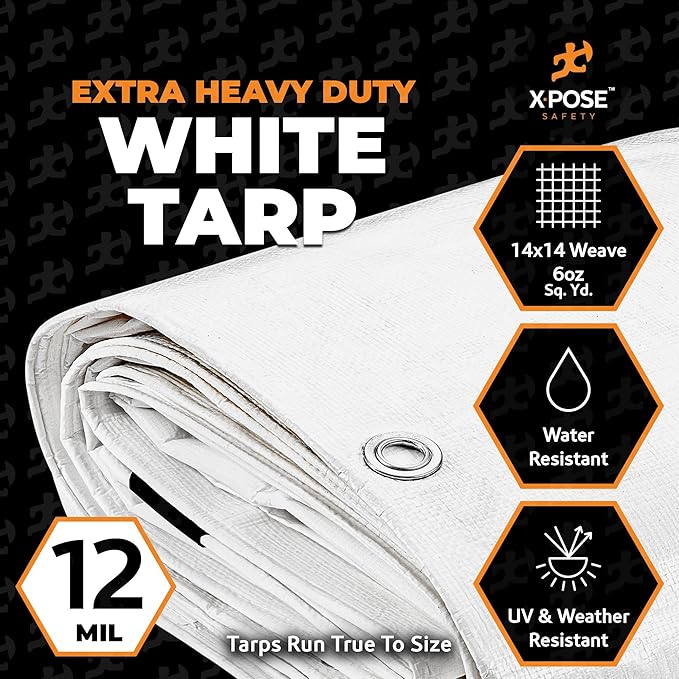 Heavy Duty White Poly Tarp 24' X 24' - Multipurpose Protective Cover - Durable, Waterproof, Weather Proof, Rip and Tear Resistant - Extra Thick 12 Mil Polyethylene - by Xpose Safety
