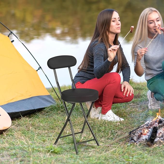 Cushioned Padded Folding Stools, Folding Bar Stool with Backrest, 220lb Capacity, 19 Inch Collapsible Round Portable Foldable Chair for Outdoor Indoor Kitchen Camping Fishing (Black, 2 Pack)