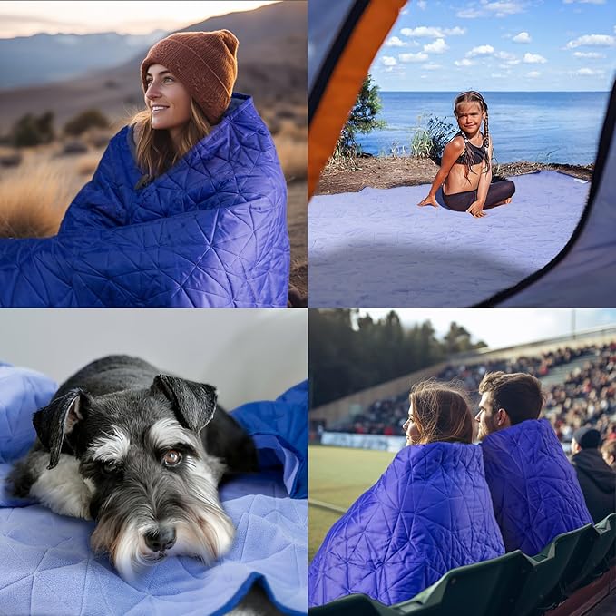 Outdoor Waterproof Blanket, Foldable Fleece Stadium Blanket for Outdoor Sports Event, Camping, Car, Pet, Picnics - Windproof, Wearable, Machine Washable 80" x 58" (Blue Purple)