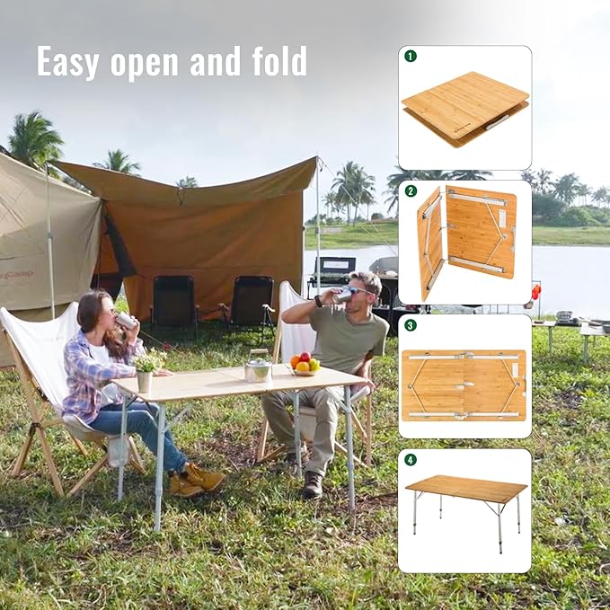 KingCamp Bamboo Folding Table, Camping Outdoor Portable Camp Table with Adjustable Height legs & Carry Bag for Outdoor RV Backyard Picnic Tailgating Beach