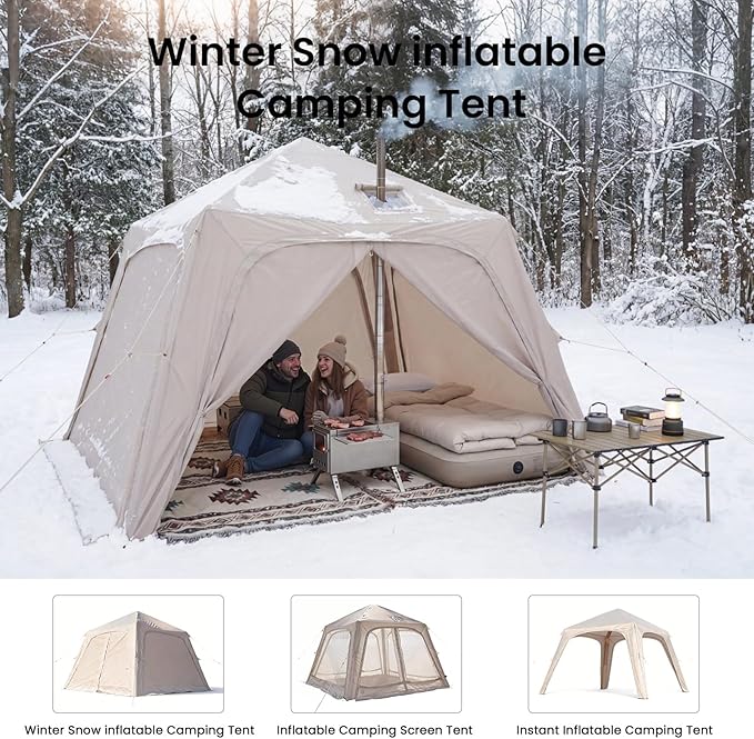 Inflatable Tents for Camping, Blow Up Tent with Hand Pump, Easy Setup Inflatable Hot Tent with Stove Jack, Waterproof Oxford Air Glamping Tents for Camping Adult 4 Person Upgrade Version