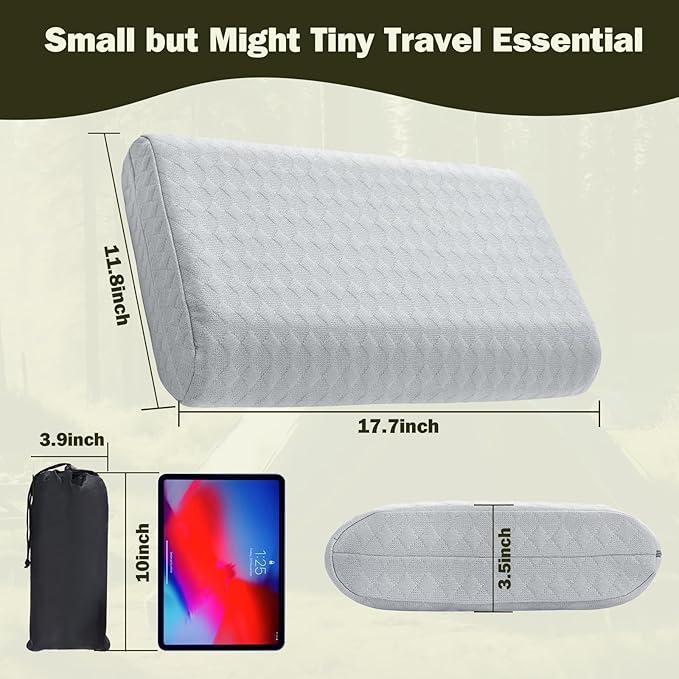 Vekkia Travel Pillow with Memory Foam, Portable and Compressible Camping Pillow with Washable Cover, Ergonomic Supportive for Sleeping, Ideal for Adults & Kids Travel, Hiking, Airplane, Car (Gray M)