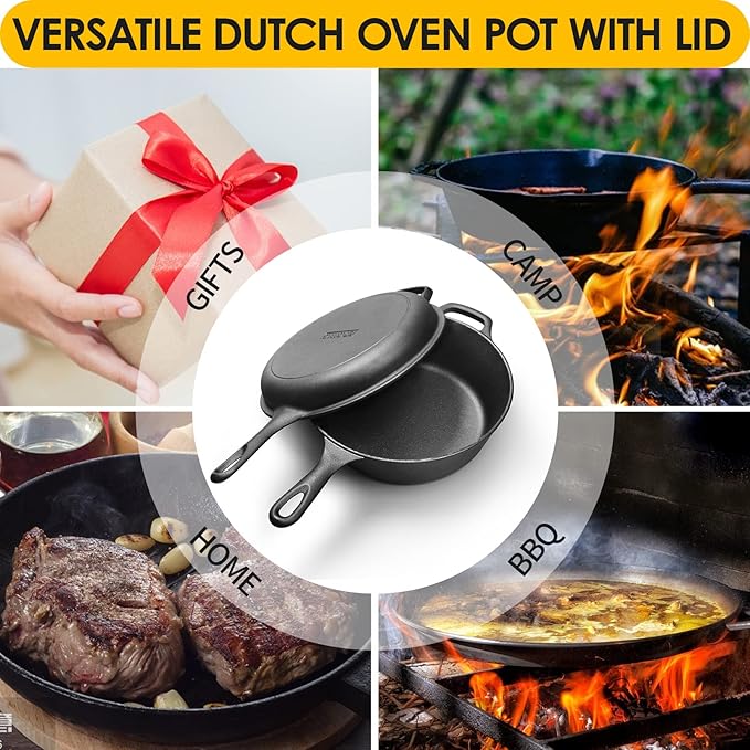 2-in-1 Pre-Seasoned Cast Iron Dutch Oven Pot with Skillet Lid Set, 10" Skillet 3QT Pot for Cooking, Baking, Frying and Camping