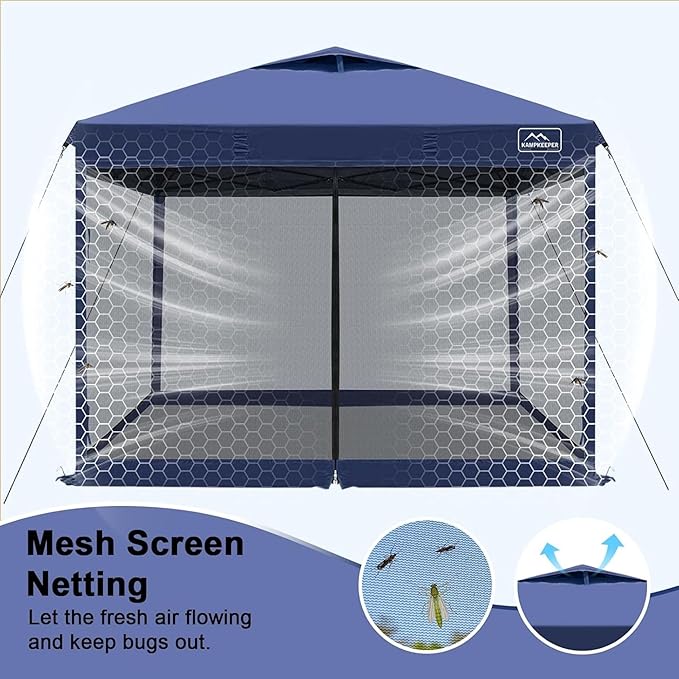 KAMPKEEPER 10x10 Pop-Up Canopy Tent, Waterproof Portable Shade with Screen Walls, Adjustable Instant Outdoor Shelter for Camping, Backyard, and Events, Navy Blue