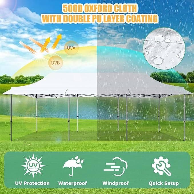 COBIZI 10x30 Pop Up Canopy Tent with Awning,Heavy Duty Canopy UPF 50+ All Season Wind Waterproof Commercial Outdoor Street Vendors Party Tents for Parties Canopy with Roller Bag(10 x 30 ft White)
