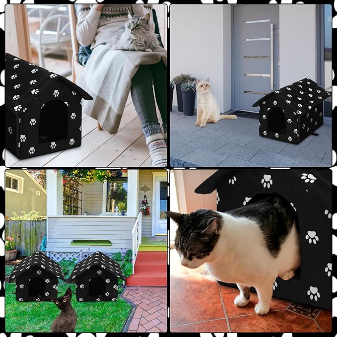 Soaoo 2 Pcs Large Feral Cat Shelter Outdoor Cat House 15.8 x 13.7 x 15.8 Inch Weatherproof and Insulated Foldable Cotton Filled Thicken Stray Shelter with Stakes for Wild Animal Easy to Assemble