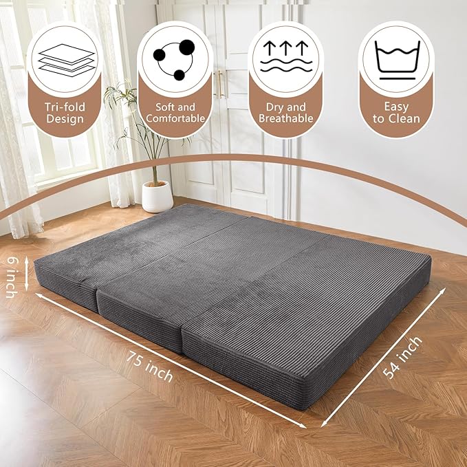 BYBYME Corduroy Tri-Folding Mattress, 6 Inch Gel Folding Mattress Topper, Foldable Soft Guest Bed Camping Pad, Washable Cover (Dark Gray, Full)