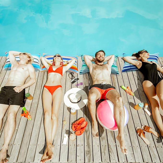 4 Pcs Inflatable Beach Pillow Portable Blow up Travel Camping Pillows with Covers for Hawaii Summer Pool Travel Vacations (Horizontal Stripes)
