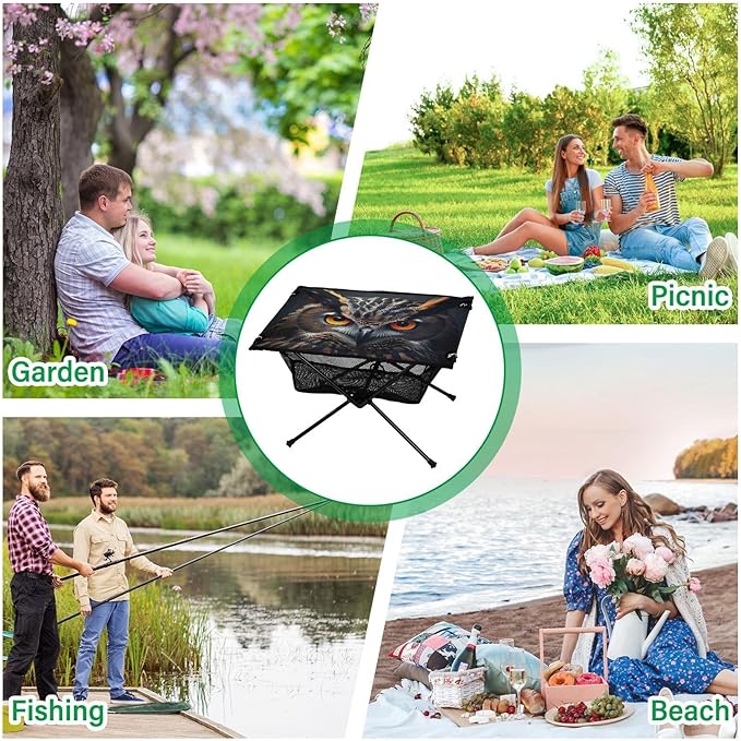 Owl with Orange Eyes Portable Folding Camping Table, Compact Lightweight Beach Table with Carrying Bag for Outdoor Picnics, BBQs, Camp