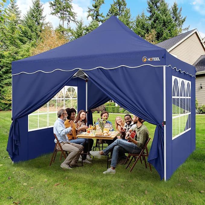 HOTEEL Canopy Tent 10x10 Pop Up Canopy with 4 Removable Sidewalls, Sandbags, Stakes & Ropes, UPF 50+ Easy Setup Canopy Tent Waterproof Outdoor Instant Portable Shelter for Party, Events, Vendor, Navy