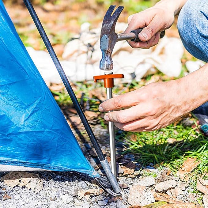 Eurmax USA Galvanized Non-Rust Camping Family Tent Pop Up Tent Stakes Ice Tools Heavy Duty 20pc-Pack, with 4x10ft Ropes & 1 Orange Stopper