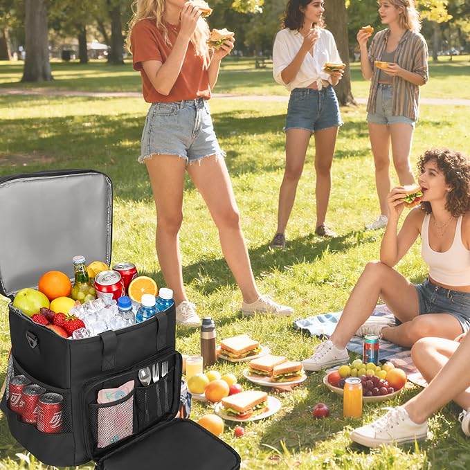 31L Large Insulated Cooler Bag for Men or Women, Double Layer Soft Cooler Bag for Picnic, Camping, Beach, Travel, Food & Drinks, Black