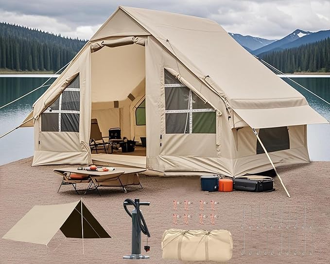 Inflatable Camping Tent,2/4/6/8 Person Glamping Inflatable Tents with Awning, Quick Setup Blow Up Tents with Pump, Waterproof Oxford Inflatable House for Camping, Air Glamping Hot Tents for Adult