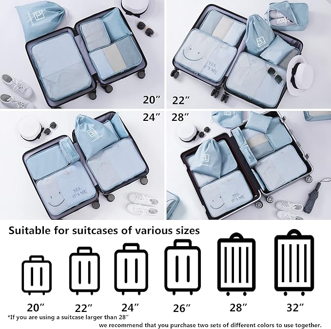 tianzong 7-piece Set Packing Cubes, Travel Bags for Luggage, Packing Organizers with Shoe Bag (Sky Blue)