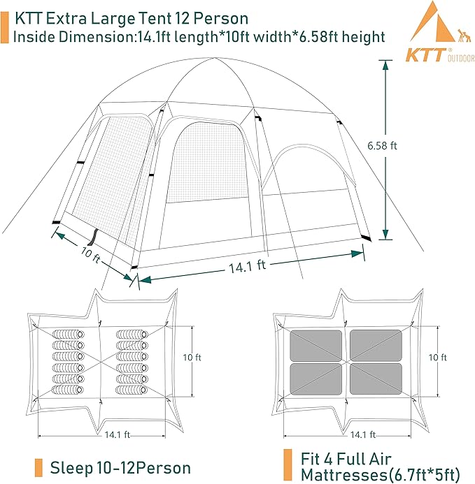 KTT Extra Large Tent 6-10-12-14 Person(B),Family Cabin Tents,2 Rooms,3 Doors and 3 Windows with Mesh,Straight Wall,Waterproof,Double Layer,Big Tent for Outdoor,Picnic,Camping,Family Gathering