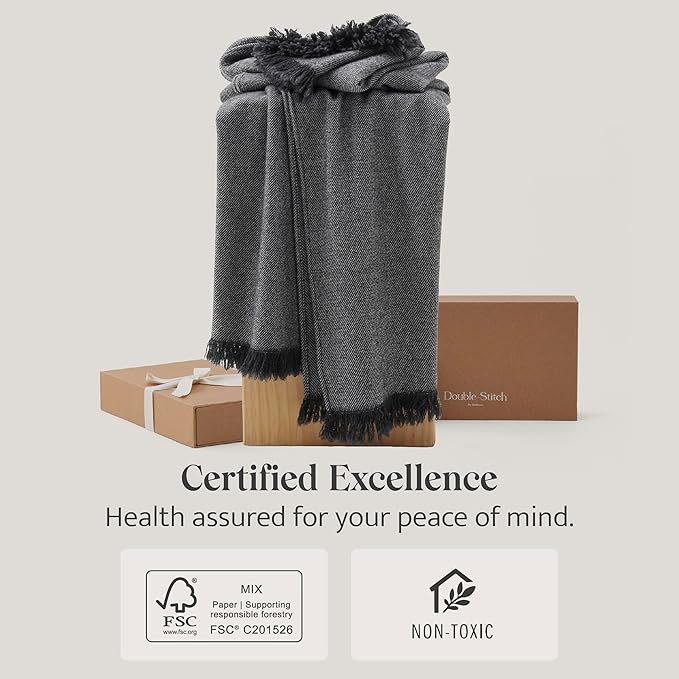 Double Stitch Cashmere Wool Throw Blanket, Mongolian Cashmere & Australian Wool Blend, Classic Twill Pattern with Fringes, Ultra-Soft & Luxuriously Warm Throw Blanket for Couch, 50"x60", Bristol Black