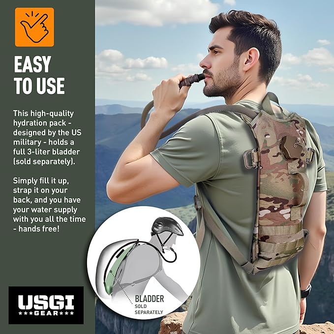 Multicam MOLLE Hydration Carrier – Holds 3-Liter Water Bladder – Tactical Military Backpack for Hiking, Biking, Camping, and Outdoor Use