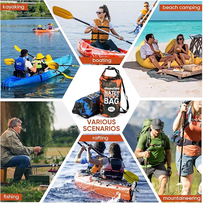 Waterproof Dry Bag 5L/10L/15L/20L/30L Roll Top Dry Storage Backpack with Phone Case, Collapsible Water Bottle, Sunglasses, Ear Band for Kayaking Boating Swimming Fishing Camping, Orange 20L