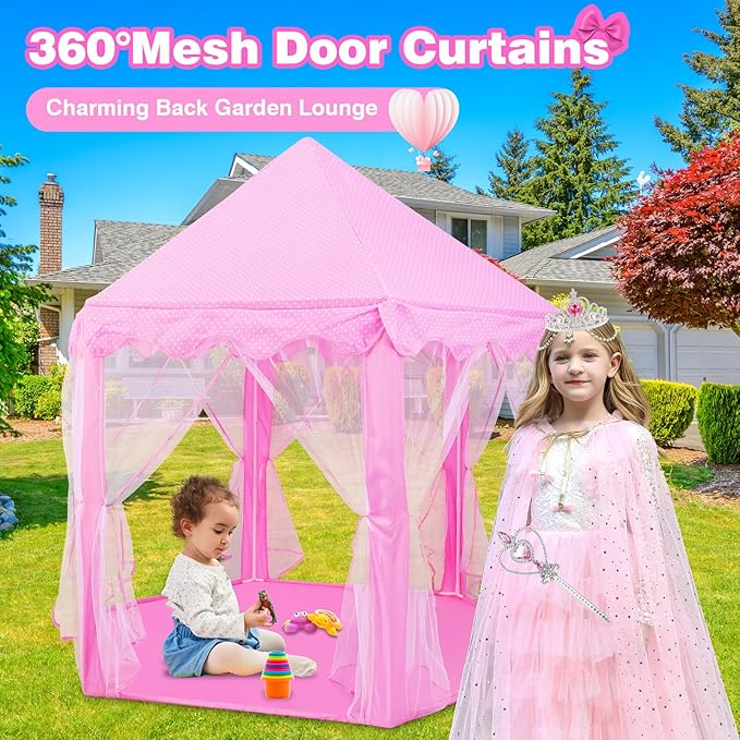 Princess Tent with 10Pcs Cape Set for Girls,Castle Play Tent with Princess Dress up Clothes,Large Indoor and Outdoor Playhouse with LED Star