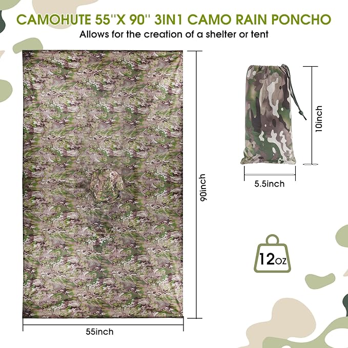 Military Camo Rain Poncho, Extra Large Tactical Poncho Shelter, with Pocket, Waterproof, for Hunting Hiking Camping Emergency