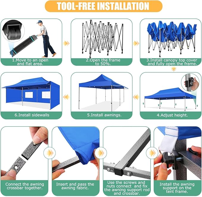 COBIZI 10x20 Pop Up Canopy Tent with Awning,Heavy Duty Canopy UPF 50+ All Season Wind Waterproof Commercial Outdoor Street Vendors Party Tents for Parties Canopy with Roller Bag(10 x 20 ft Blue)