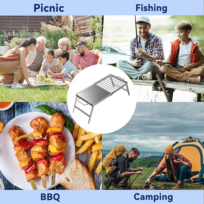 Skyflame Folding Campfire Grill, Portable Stainless Steel Camping Grill Grate and Camp Grill Griddle with Collapsible Legs for Versatile Outdoor Backpacking BBQ Over Fire Pit Cooking