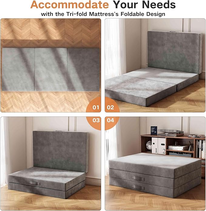 Swbvs Tri-Fold Memory Foam Mattresses, 6 inch Twin Folding Mattress with Washable Covers, Reversible Design, Foldable Topper for Travel&Guests 75"x38"x6"