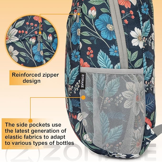 ZOMAKE Lightweight Packable Backpack,Foldable Backpacks Small Daypack for Hiking Water Resistant Day Bag for Travel(Navy blue,Floral pattern)