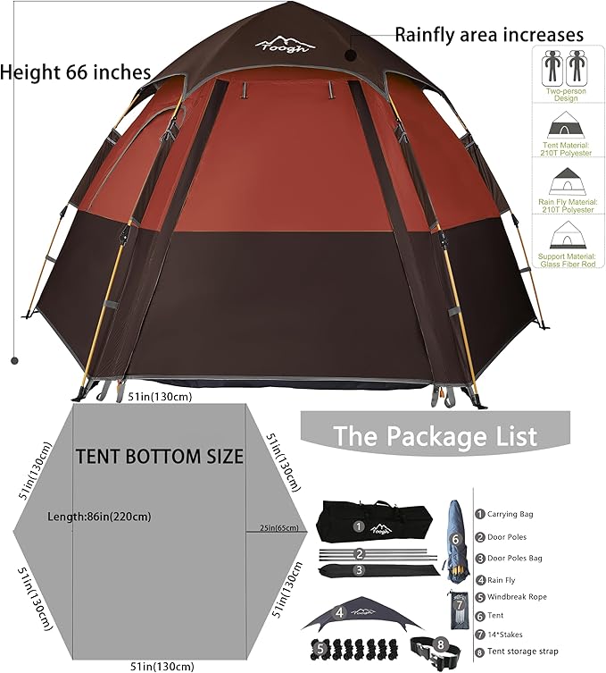 Camping Tent with Instant Setup, 2/3 Person Weatherproof Easy Quick Set Up in 60 Seconds with Rainfly Backpack Tent for Family Camping & Hiking, Upgraded Ventilation,Center Height 66-inch