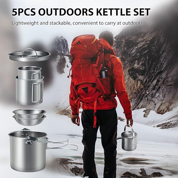 Lixada 5PCS Camping Cookware Set Stainless Steel 1.2L Camping Pot with 2 Cups & 2 Bowls, Lightweight Portable Backpacking Pot with Foldable Handles & Lid for Outdoor Cooking Hiking Picnic