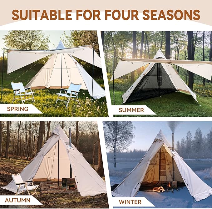 Hot Tent with Stove Jack, 4 Season 3-4 Person Tipi Tent for Camping, 8.2ft Standing Room with Snow Skirt, Cold Weather Shelter for Family Fishing, Hiking, Hunting, Backpacking