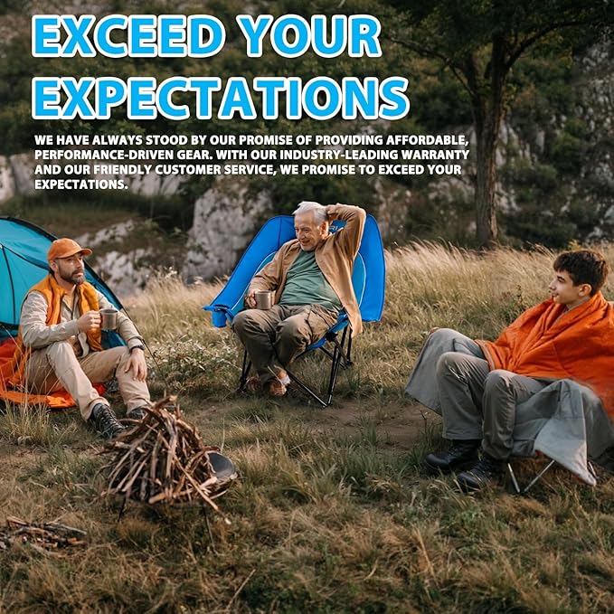 Outdoor Oversized Camping Chair, Heavy Duty Support 500 LBS for Adults, Portable Folding Wide Lawn Chair with Headrest Support and Cup Holder, Low Camping Chair for Fishing, Garden, Blue