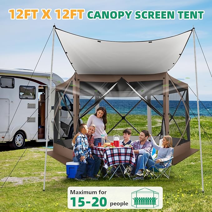 COBIZI Pop Up Gazebo Screen Tent Screen House for Camping, 12x12 Screen Room with Mosquito Netting, Hub Tent Instant Screened Canopy with Carrying Bag and Ground Stakes, Brown