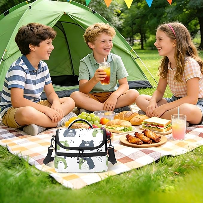 Double-layer Lunch Bag safaris Simple Bears Green Soft Cooler Cooling boxes? with Detachable Shoulder Strap for Beach, Camping, Road Trips