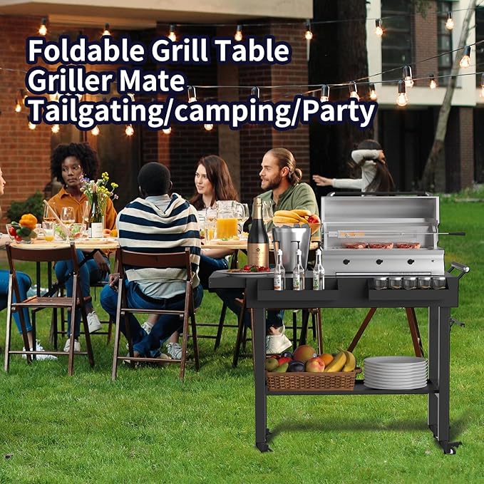 Portable BBQ Grill Cart with Prep Table, Outdoor Folding Utility Table with Wheels, Spice Rack, Bottle Opener