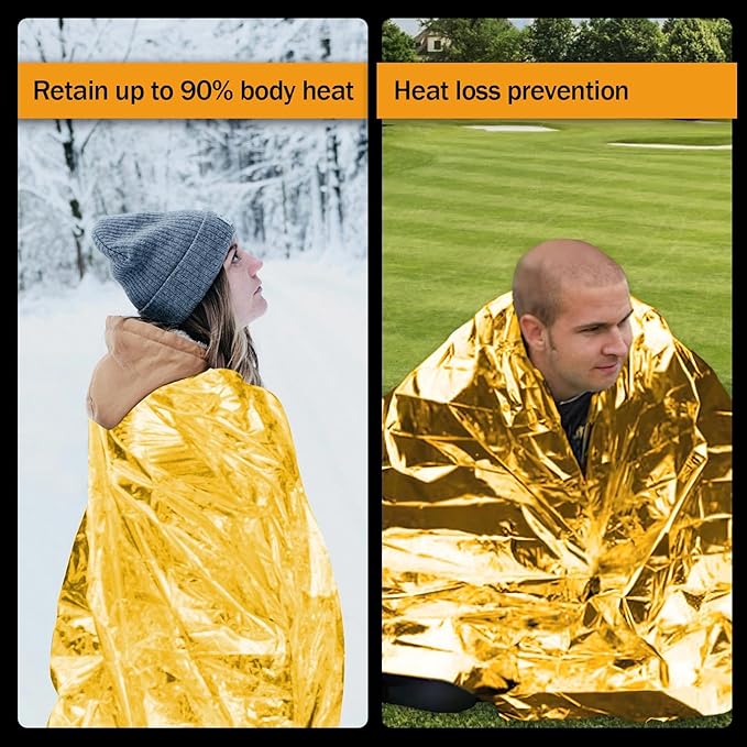 5-Pack Emergency Mylar Thermal Blankets, 82"x62" Space Blankets Foil Blanket, XL Camping Blanket for Outdoors, Hiking, Survival kit, Bug Out Bag,Marathons or First Aid, Golden