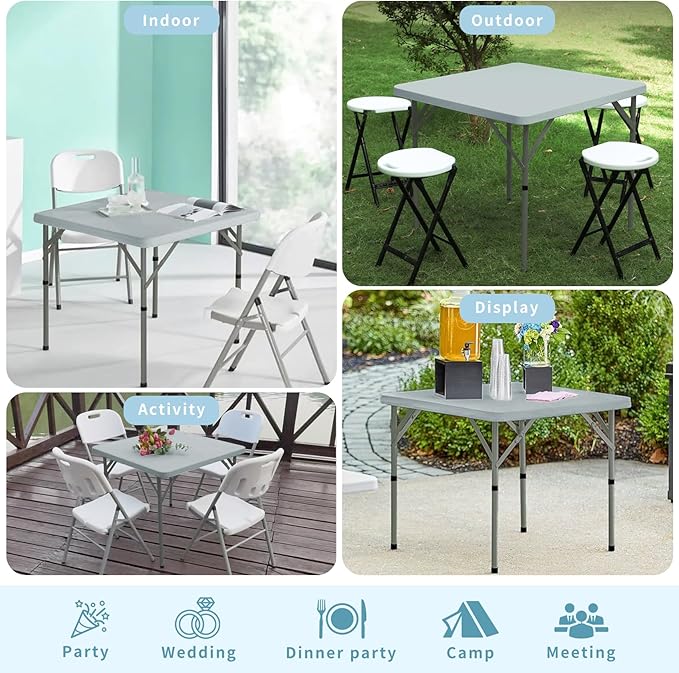 Set of 2 Square Folding Table 34in Multi-Functional Portable Folding Card Table with Carrying Handle for Indoor Outdoor Camping,Picnic, Office, Party Use HDPE Plastic Tabletop with Metal Frame(Grey)
