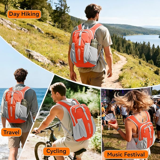 16L Small Hiking Backpack, CROSSGEAR Lightweight Waterproof Foldable Backpack, Travel Camping Outdoor Daypack for Women Men, Orange