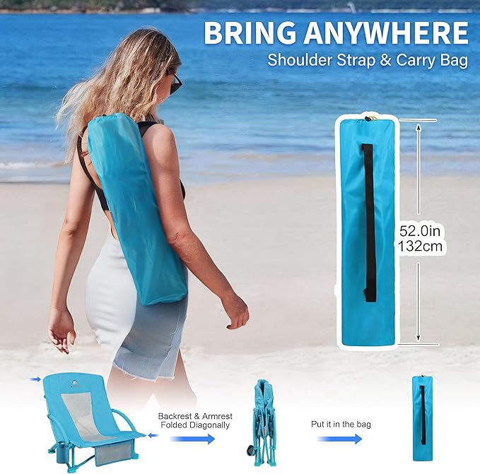 Beach Chairs for Adults 2 Pack,Heavy Duty Folding Low Back Camping Chairs w/Cooler Bag,Mesh Back,Cup Holder & Storage Bag,Compact Sling Chair for Lawn,Picnic,Travel,Blue