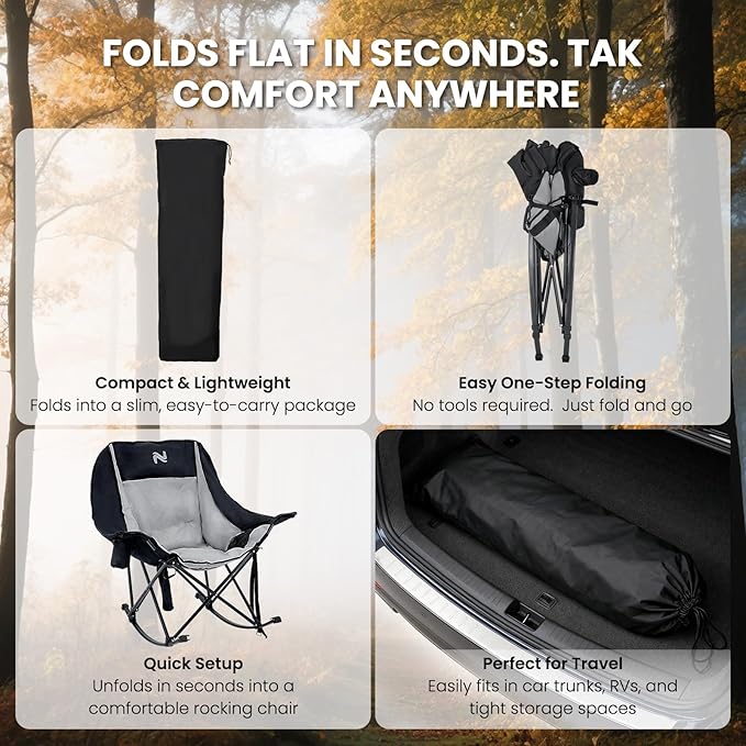 Begonia.K Oversized Heated Rocking Camping Chair - 400lbs Capacity Padded Camping Recliner w/ 3 Levels Back Seat Heat - Folding Lawn Chair with Side Pockets for Camp Patio Backyard