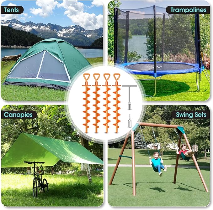 Ground Anchors Screw in, Heavy Duty Ground Trampoline Stakes High Wind Tent Stakes for Tent, Trampoline, Gazebo, Carport, Trap Anchor, Canopies, Swing Set