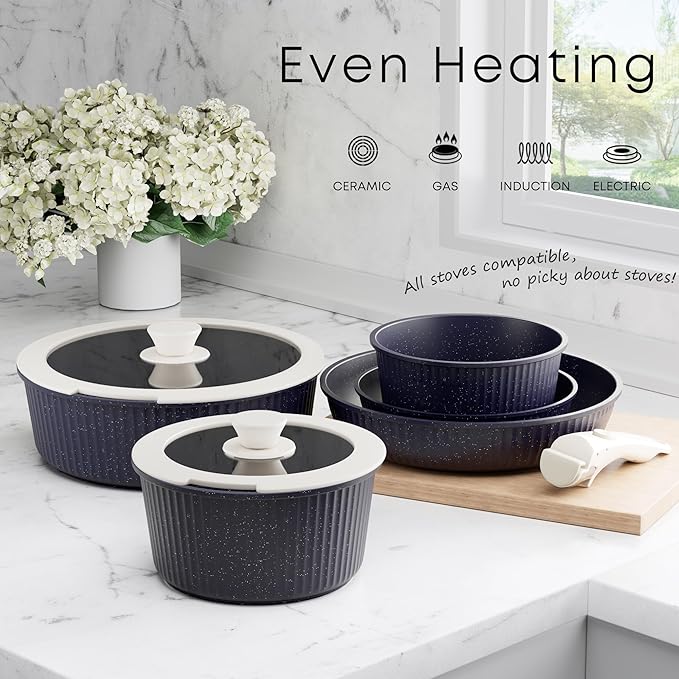 Caannasweis Detachable Nonstick Cookware Set - Stackable Induction Pots and Pans With Removable Handles, Dishwasher Safe - For RV Camping, Oven and Stovetop Use, 5 Pieces (Starry Sky)