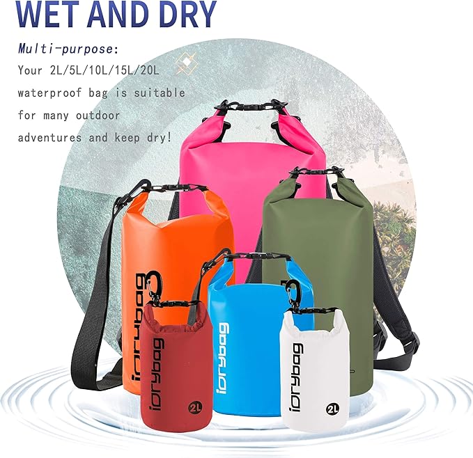 IDRYBAG Dry Bag for Kayaking Waterproof 2L/5L/10L/15L/20L, Small Dry Sack Waterproof Bag for Boating