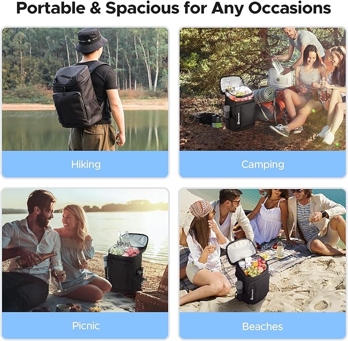 WARMOUNTS Insulated Waterproof Cooler Backpack 36 Cans, Soft Sided Ice Chest Cooler w/Leak Proof Liner, 5-Layer Insulation Portable Lunch Backpack for Camping, Beach, Fishing, Picnic, Travel (Black)